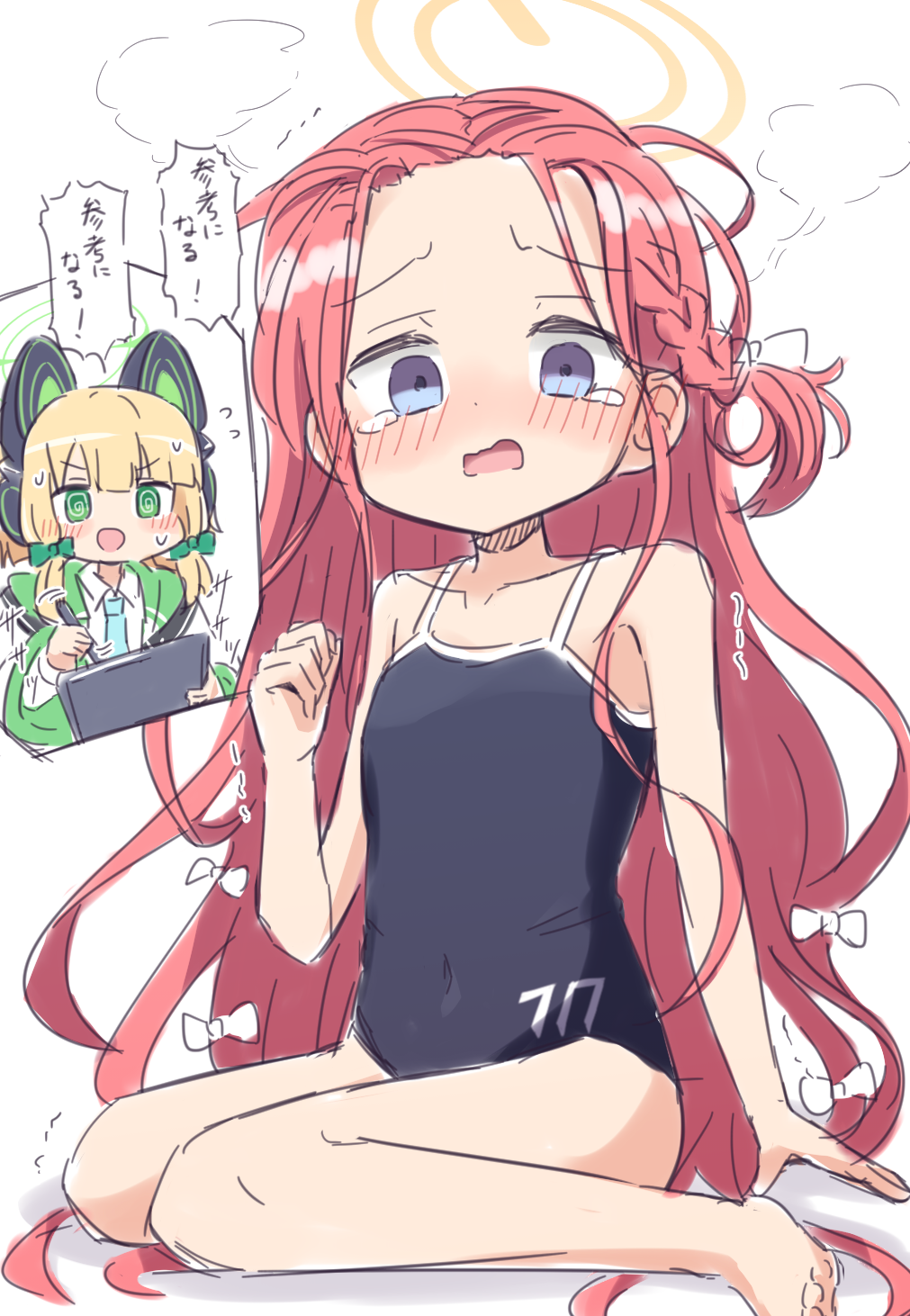 2girls, :d, @_@, animal_ear_headphones, animal_ears, bare_arms, bare_legs, bare_shoulders