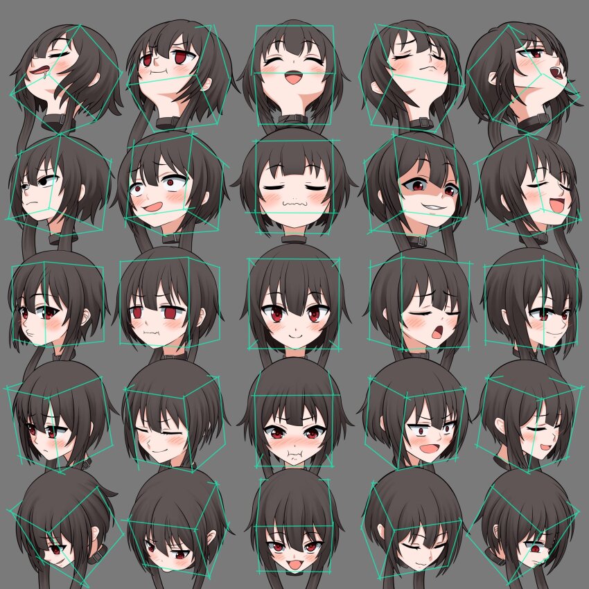 1girl, 25_perspective_box_exercise, :<, :3, :d, :i, ^_^, black_choker, black_eyes, blush, brown_hair, choker, clenched_teeth, closed_eyes, commentary, cropped_head, cube, drooling, empty_eyes, evil_grin, evil_smile, expressionless, frown, furrowed_brow, grey_background, grin, highres, kawaseri1, kono_subarashii_sekai_ni_shukufuku_wo!, megumin, multiple_expressions, multiple_views, open_mouth, parted_lips, puckered_lips, red_eyes, short_hair_with_long_locks, simple_background, smile, teeth, wide-eyed