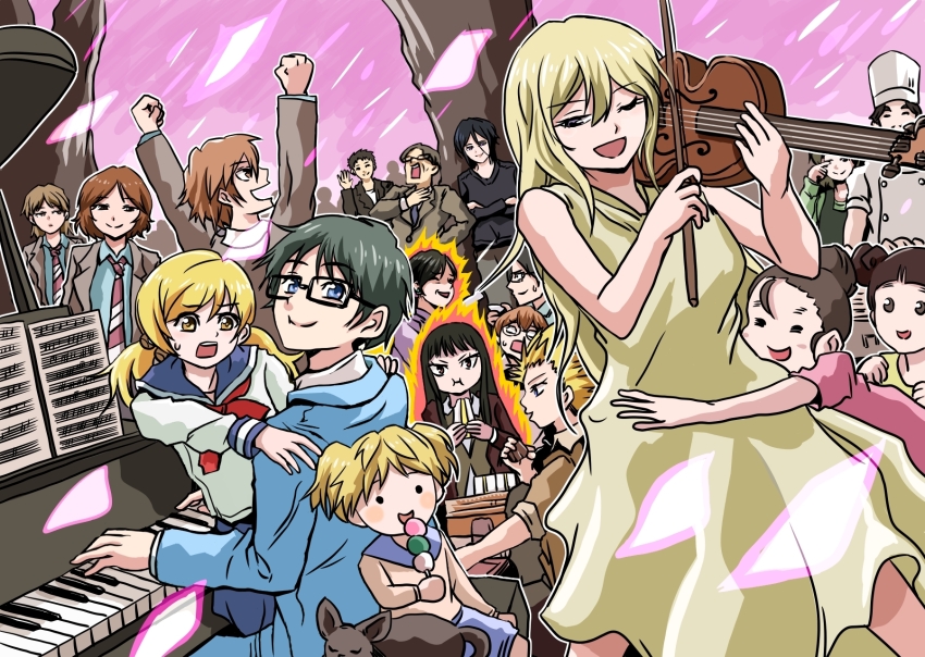 6+boys, 6+girls, aiza_nagi, aiza_takeshi, arima_kousei, black_cat, black_hair, blonde_hair