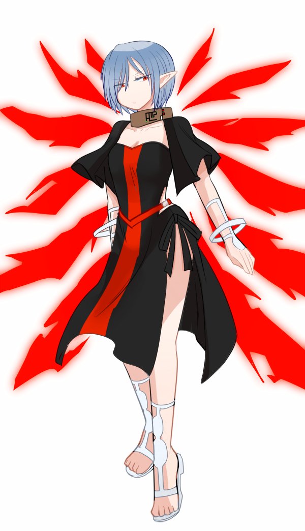 1girl, breasts, closed_mouth, dress, expressionless, feet, full_body, genderswap, genderswap_(mtf), kakei_loo, long_skirt, looking_at_viewer, lucifer_(star_ocean), pointy_ears, red_eyes, short_hair, side-tie_dress, side_slit, simple_background, skirt, solo, star_ocean, star_ocean:_the_second_story, white_background