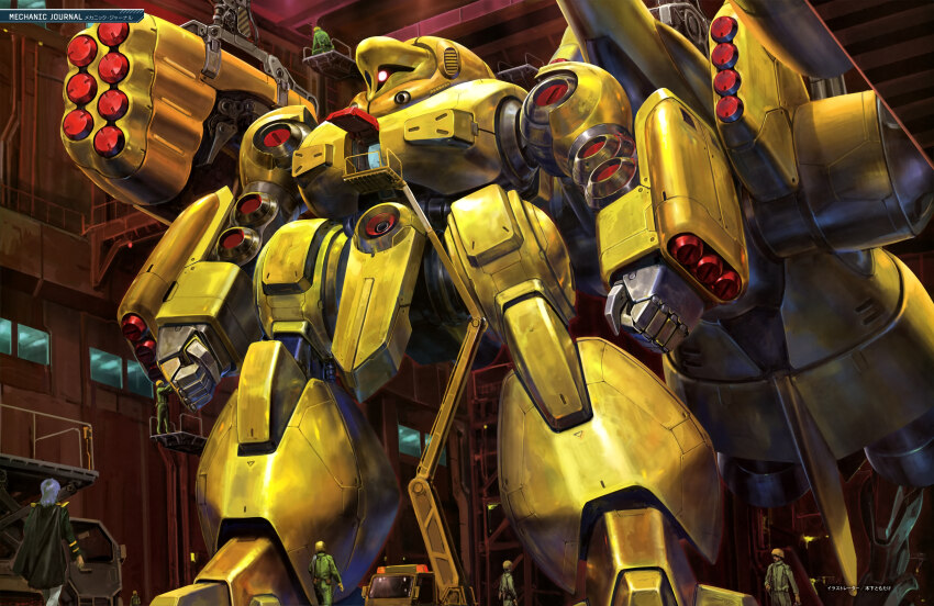 5boys, absurdres, artist_request, gundam, gundam_perfect_file, gundam_zz, hangar, highres