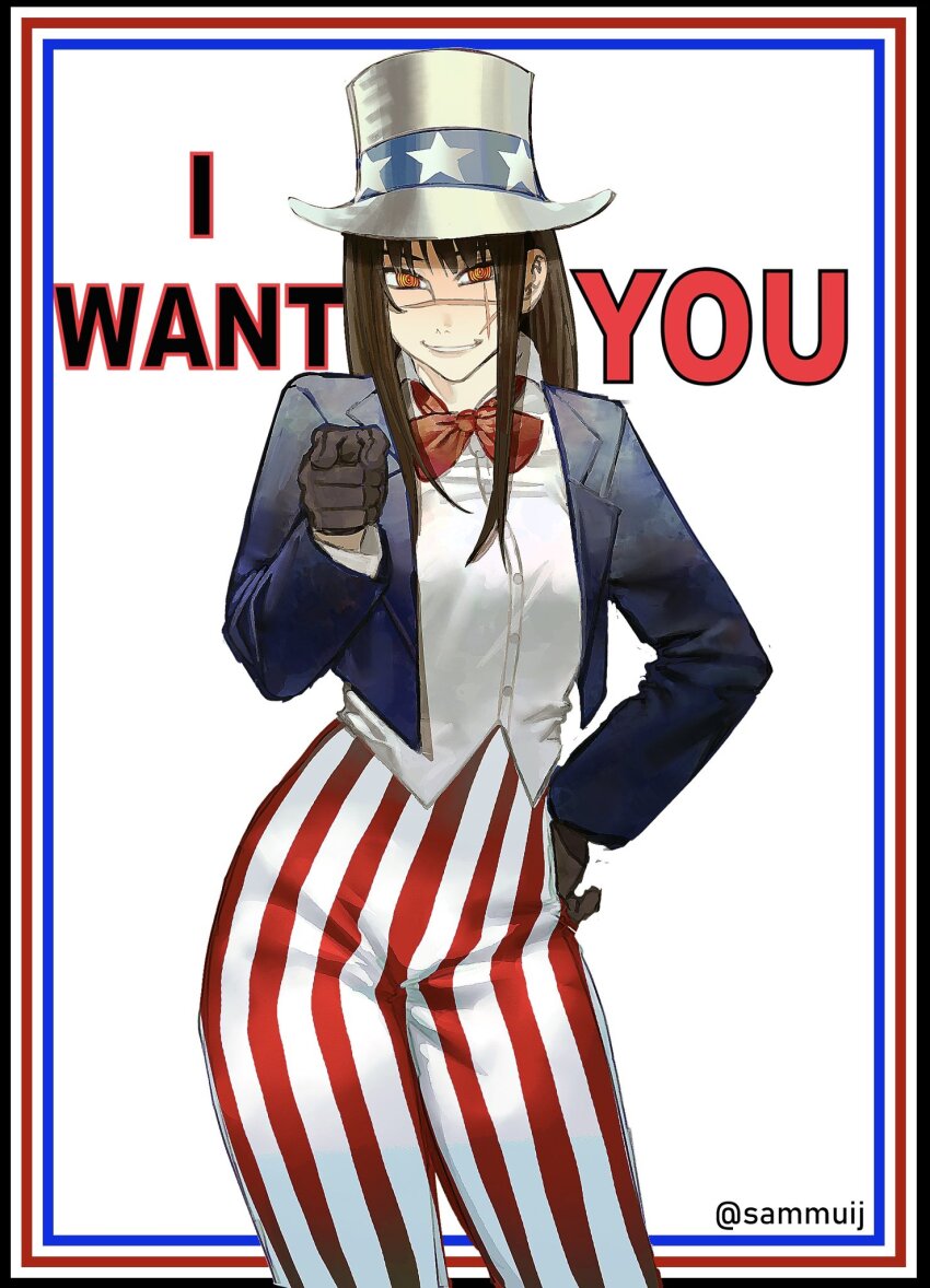 1girl, black_gloves, black_jacket, bow, bowtie, brown_hair, chainsaw_man, commentary