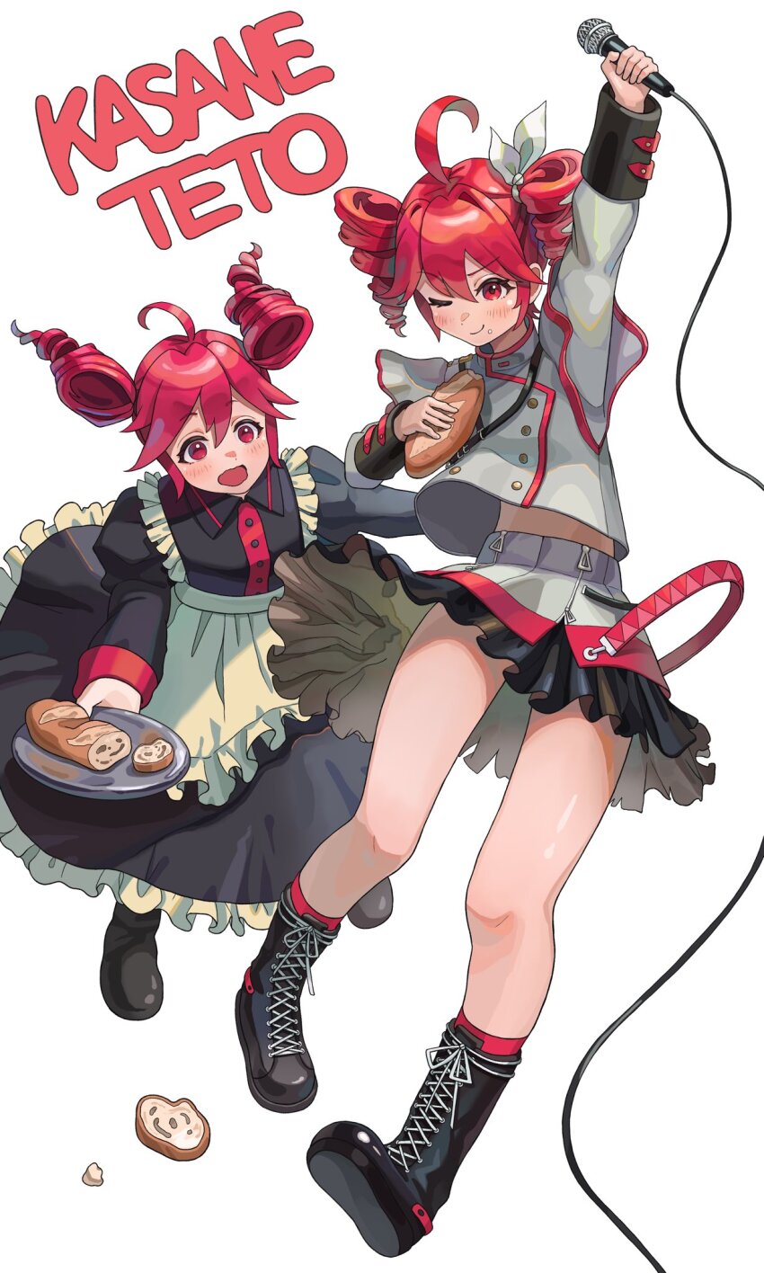 2girls, adapted_costume, ahoge, alternate_costume, anchannnnnn, apron, arm_up, black_boots