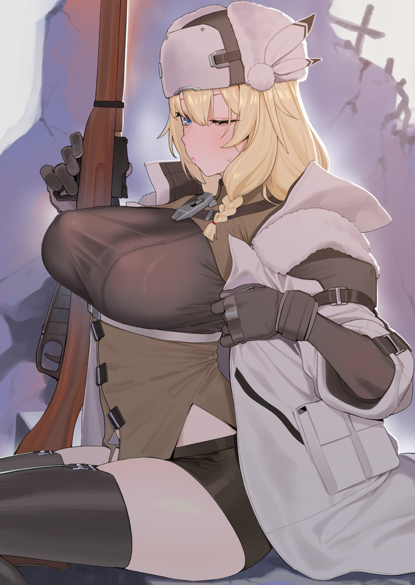1girl, absurdres, beijuu, black_thighhighs, blonde_hair, blue_eyes, blush, bolt_action