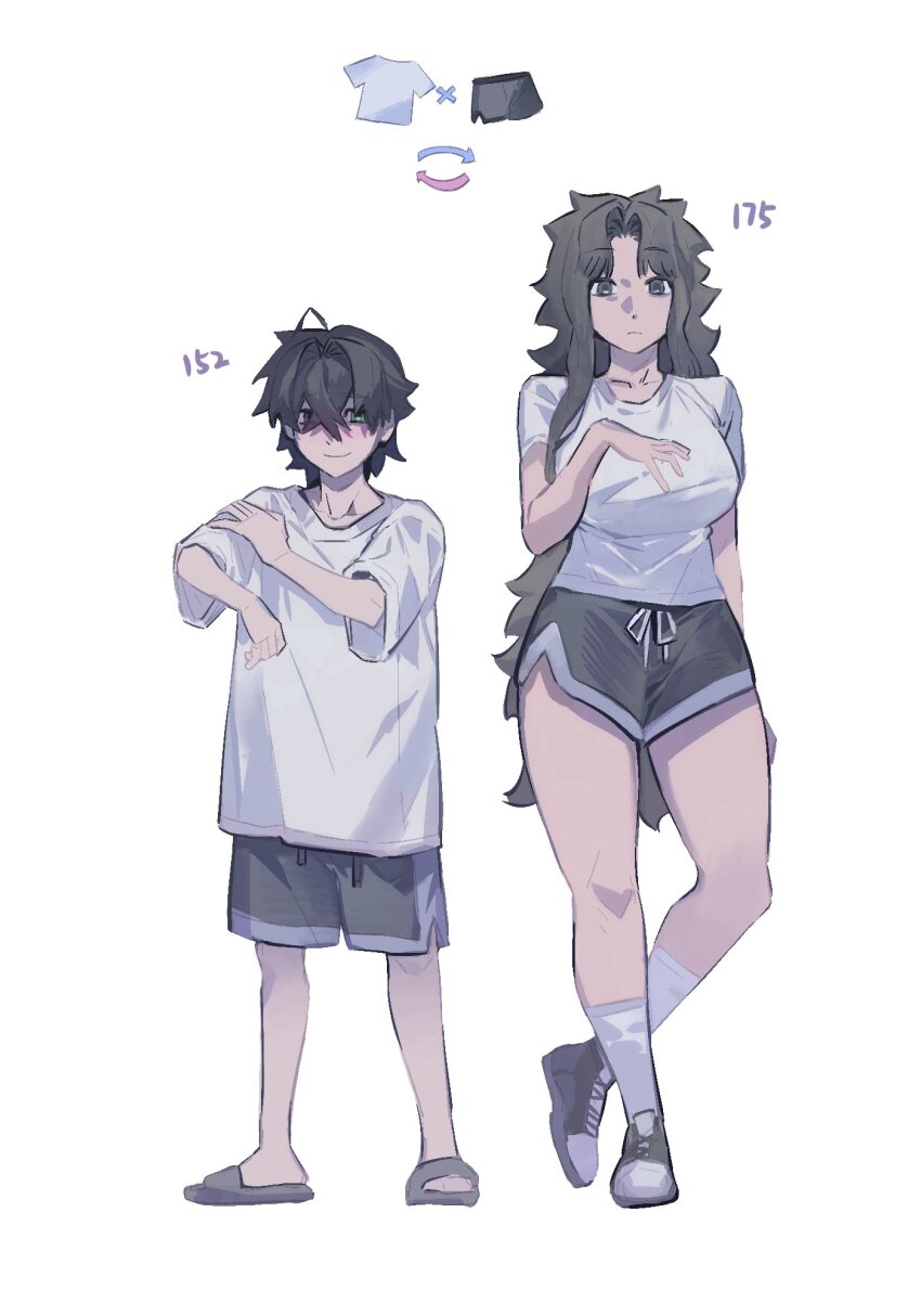 1boy, 1girl, black_hair, black_shorts, blush, breasts, closed_mouth, commentary