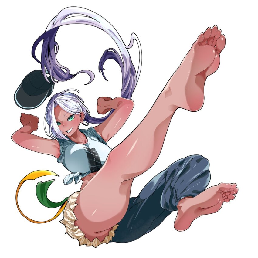 1girl, armpits, arms_up, ass, barefoot, baseball_cap, blue_eyes, breasts