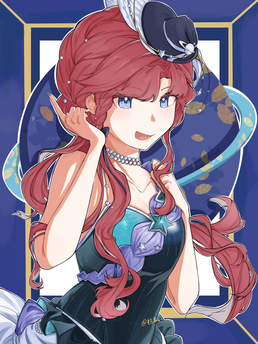 1girl, :d, absurdres, adjusting_hair, artist_name, barcarola_(asteroid_allegro)_(reverse:1999), barcarola_(reverse:1999), bare_arms, bare_shoulders, black_hat, blue_background, blue_eyes, blue_shirt, breasts, cleavage, hands_up, hat, highres, long_hair, long_sidelocks, looking_at_viewer, low_ponytail, mini_hat, official_alternate_costume, open_mouth, planet, ponytail, red_hair, reverse:1999, shirt, sidelocks, smile, solo, strapless, strapless_shirt, teeth, upper_body, wuqi_(7596942)