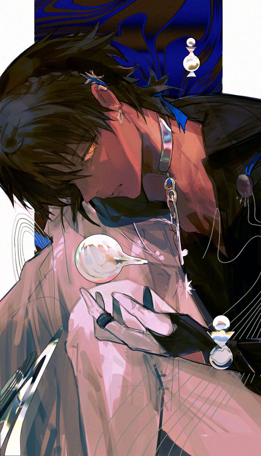 1boy, absurdres, arknights, black_hair, black_shirt, blue_background, border, commentary