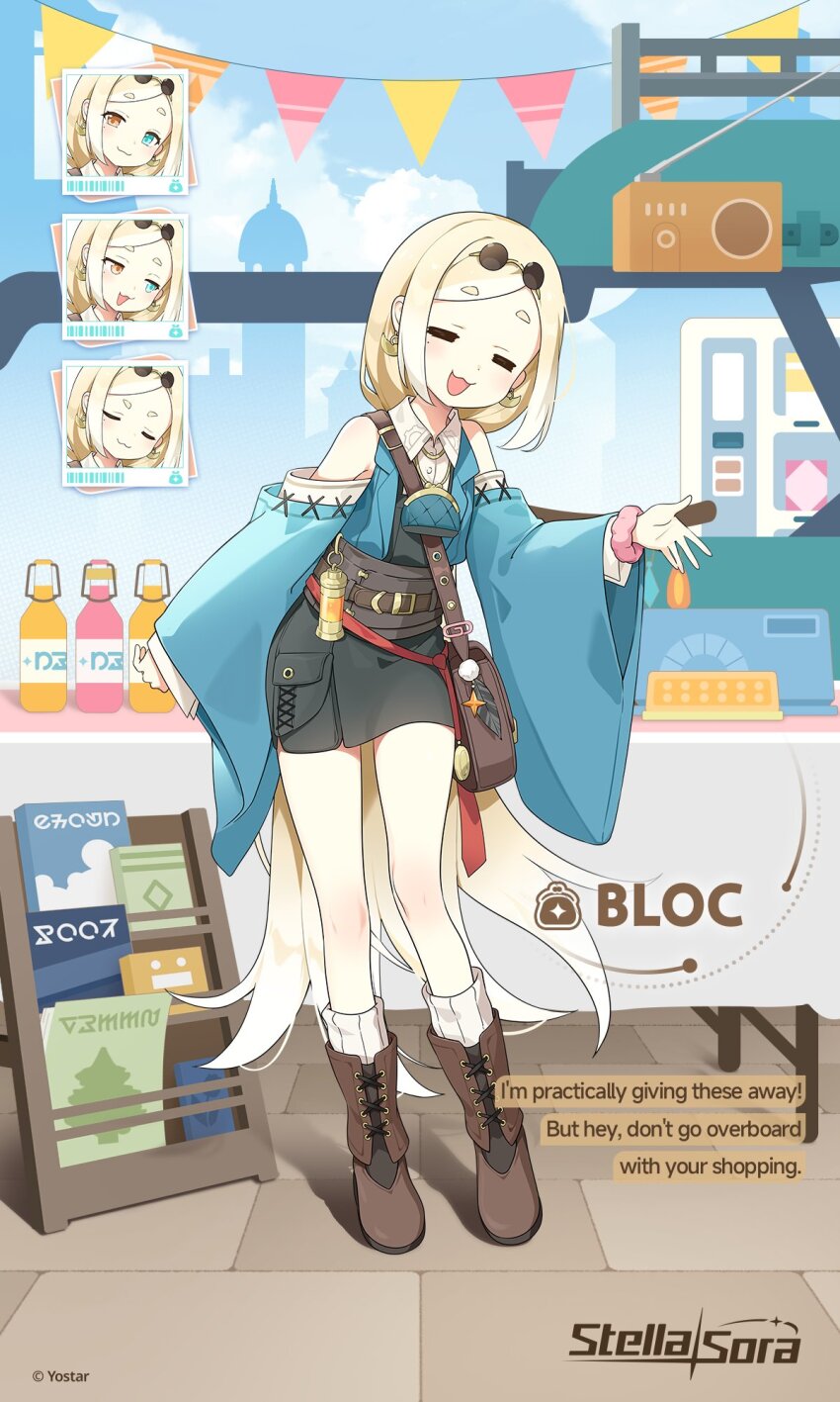 1girl, :3, averting_eyes, black_skirt, bloc_(stella_sora), blonde_hair, blue_eyes, blue_jacket, boots, brown_boots, character_name, closed_eyes, closed_mouth, collared_shirt, commentary, copyright_name, earrings, english_commentary, english_text, expressionless, eyewear_on_head, full_body, glasses, gradient_hair, heterochromia, highres, jacket, jewelry, long_hair, looking_to_the_side, low_ponytail, miniskirt, multicolored_hair, multiple_expressions, official_art, open_mouth, orange_eyes, outdoors, parted_bangs, pince-nez, ponytail, shirt, sidelocks, skirt, sleeveless, sleeveless_jacket, sleeveless_shirt, socks, standing, stella_sora, string_of_flags, sunglasses, very_long_hair, white_socks, wide_sleeves