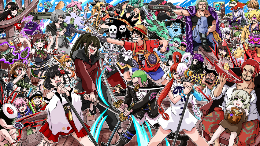 6+boys, 6+girls, ahoge, animal_ears, bear_ears, black_hair, blonde_hair, blue_eyes, blue_skin, blush, breasts, brown_hair, cake, character_request, clapp_(one_piece), coffee_mug, colored_skin, copyright_request, cup, easel, everyone, explosive, facial_hair, fingerless_gloves, flower, food, frown, fuecoco, gas_mask, gloves, green_eyes, green_hair, grenade, grey_hair, gun, hair_flower, hair_ornament, hair_over_one_eye, hat, heterochromia, highres, holding, holding_gun, holding_instrument, holding_paint_palette, holding_paintbrush, holding_sword, holding_weapon, honeypot, instrument, japanese_clothes, katana, mask, microphone_stand, monkey_d._luffy, morino_morinchu, mug, multicolored_hair, multiple_boys, multiple_girls, nintendo, one_eye_closed, one_piece, one_piece_film:_red, open_mouth, paint_palette, paintbrush, pink_eyes, pink_hair, pokemon, pokemon_(creature), red_eyes, red_hair, roronoa_zoro, sanji_(one_piece), scar, scar_across_eye, scar_on_face, smile, split-color_hair, stubble, sword, tony_tony_chopper, tsuchiyamashige, turtle, two-tone_hair, uta_(one_piece), v, virtual_youtuber, weapon, white_hair