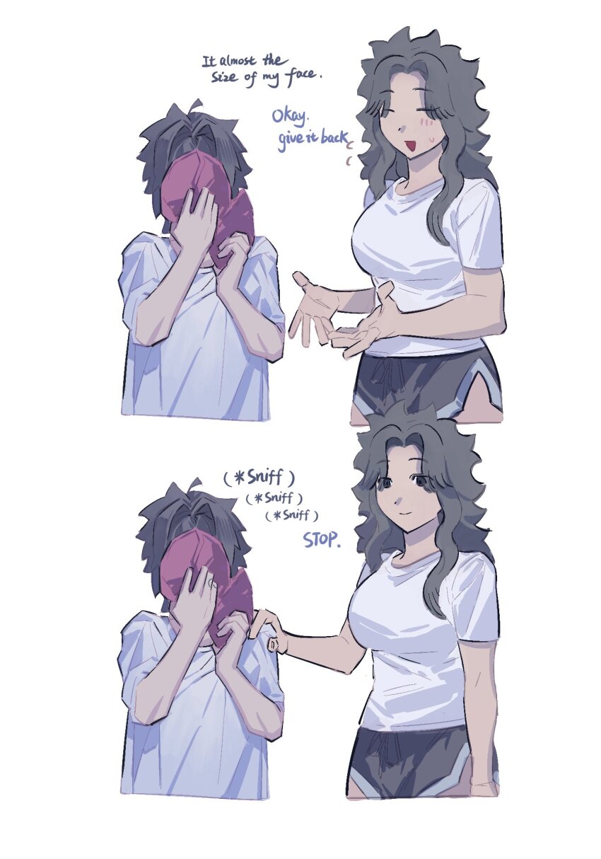 1boy, 1girl, black_hair, black_shorts, bra, breasts, closed_eyes, commentary