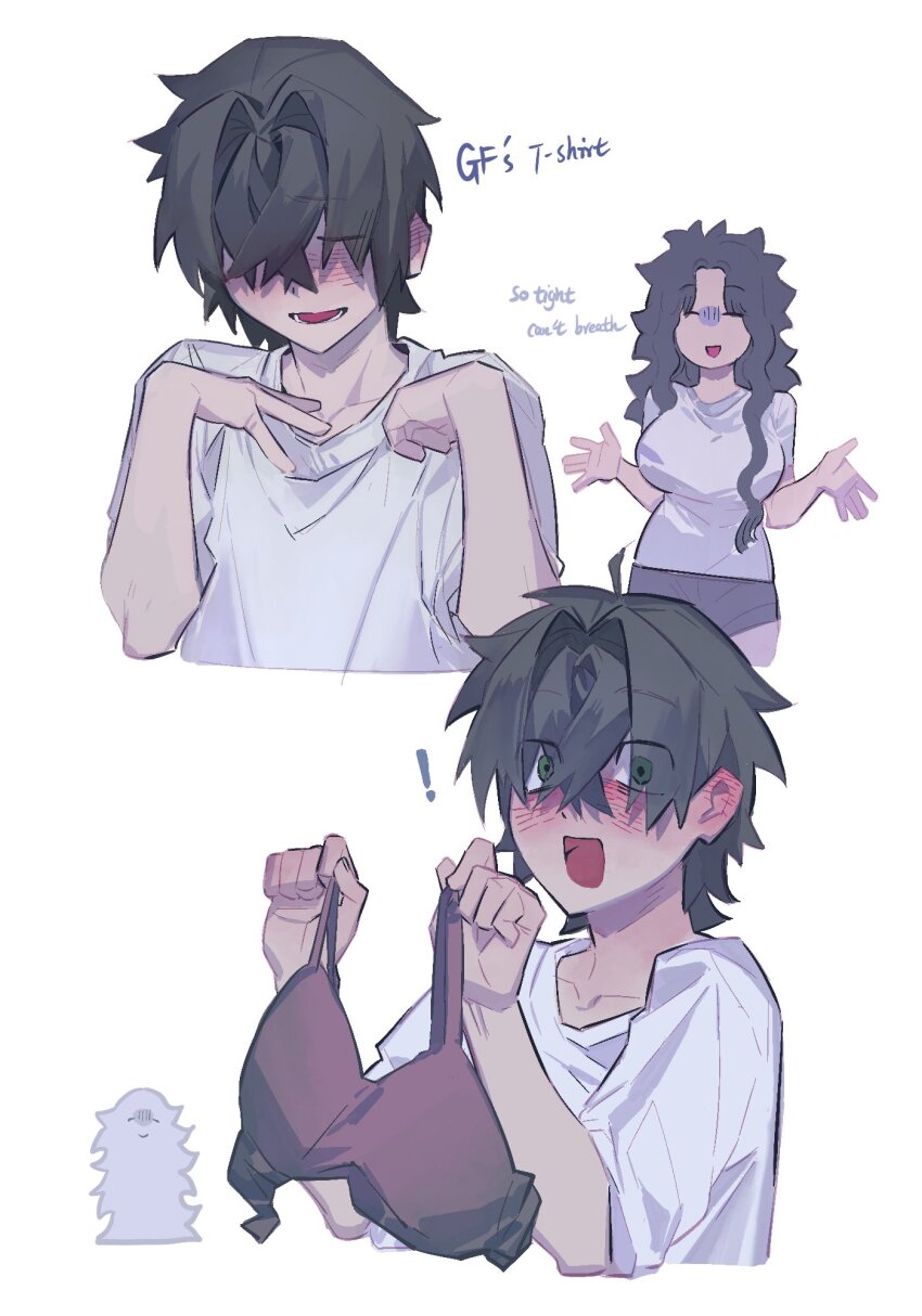 !, 1boy, 1girl, black_hair, black_shorts, blush, bra, breasts