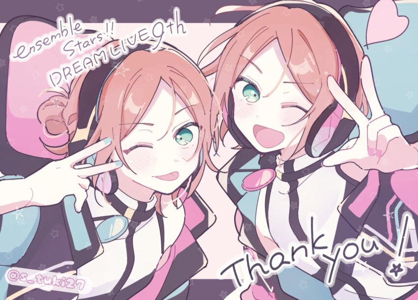 2boys, :d, :p, aoi_hinata, aoi_yuta, aqua_jacket, choker, commentary_request, ensemble_stars!, green_eyes, hair_bun, half_updo, headphones, heart, hood, idol, jacket, looking_at_viewer, male_focus, medium_hair, multiple_boys, nail_polish, one_eye_closed, open_mouth, orange_hair, parted_bangs, pink_jacket, satsuki_(s_tuki27), short_hair, siblings, sleeveless, sleeveless_turtleneck, smile, thank_you, tongue, tongue_out, turtleneck, twins, upper_body, v