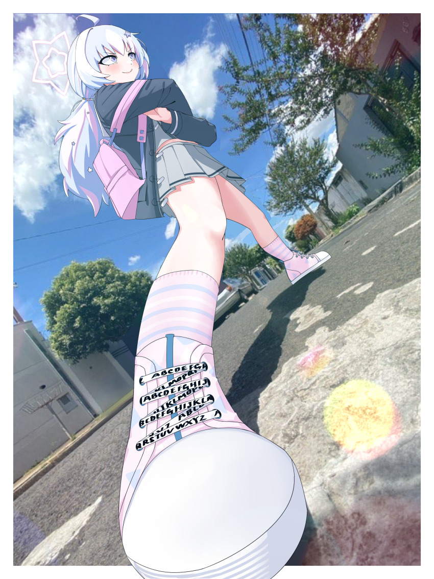 1girl, absurdres, ahoge, bag, black_jacket, blue_archive, blue_eyes, blue_hair