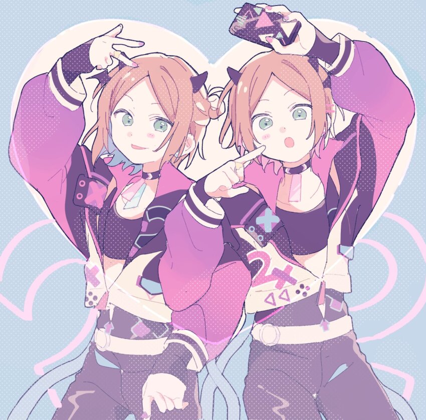 2x2_(ensemble_stars!), :o, :p, aoi_hinata, aoi_yuta, arm_up, belt, choker, cowboy_shot, crop_top, cropped_jacket, demon_horns, ensemble_stars!, finger_to_cheek, green_eyes, hair_bun, hair_ornament, hairclip, half_updo, heart, highres, holding, holding_phone, horns, idol, jewelry, medium_hair, nail_polish, orange_hair, ornate_phone_case, parted_bangs, pastel_colors, phone, popped_collar, ring, satsuki_(s_tuki27), short_hair, siblings, strap, tongue, tongue_out, twins, v