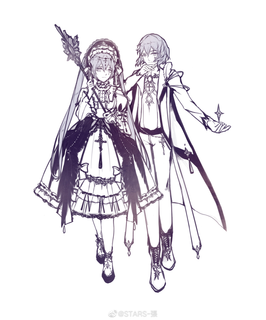 1boy, 1girl, absurdres, belt, bonnet, boots, bow, brooch