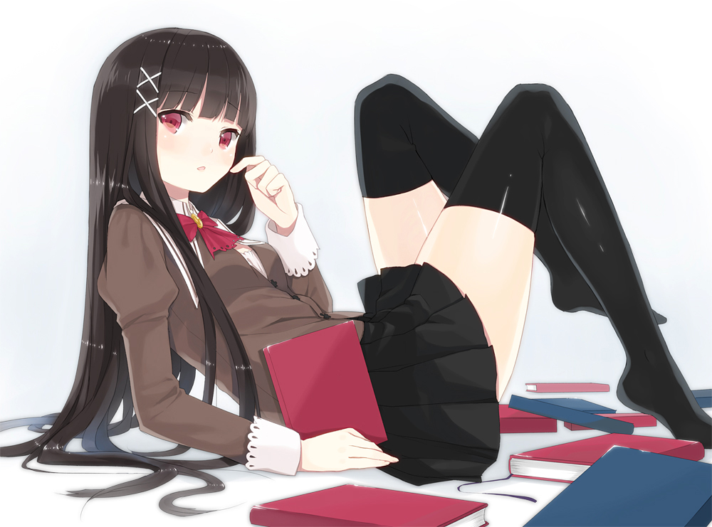 1girl, black_hair, black_thighhighs, blunt_bangs, blush, book, brooch, female_focus, hair_tie, hasuhadera_kunka, jewelry, kurasawa_moko, long_hair, lying, no_shoes, original, pleated_skirt, red_eyes, school_uniform, simple_background, skirt, solo, thighhighs, thighs, zettai_ryouiki