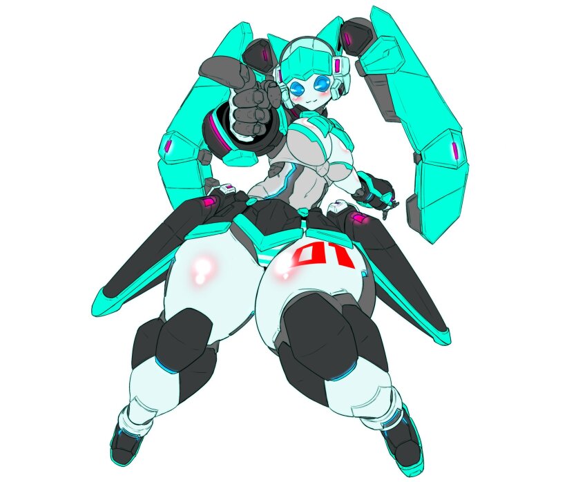 1girl, breasts, hatsune_miku, highres, humanoid_robot, joints, large_breasts, mechanical_hair, metal_skin, natsuberry, outstretched_arms, panties, pointing, pointing_at_viewer, robot, robot_girl, robot_joints, simple_background, solo, striped_clothes, striped_panties, thick_thighs, thighs, twintails, underwear, vocaloid