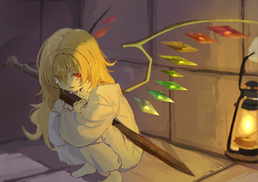 absurdres, alternate_costume, blonde_hair, chipped_sword, crying, crying_with_eyes_open, crystal_wings, flandre_scarlet