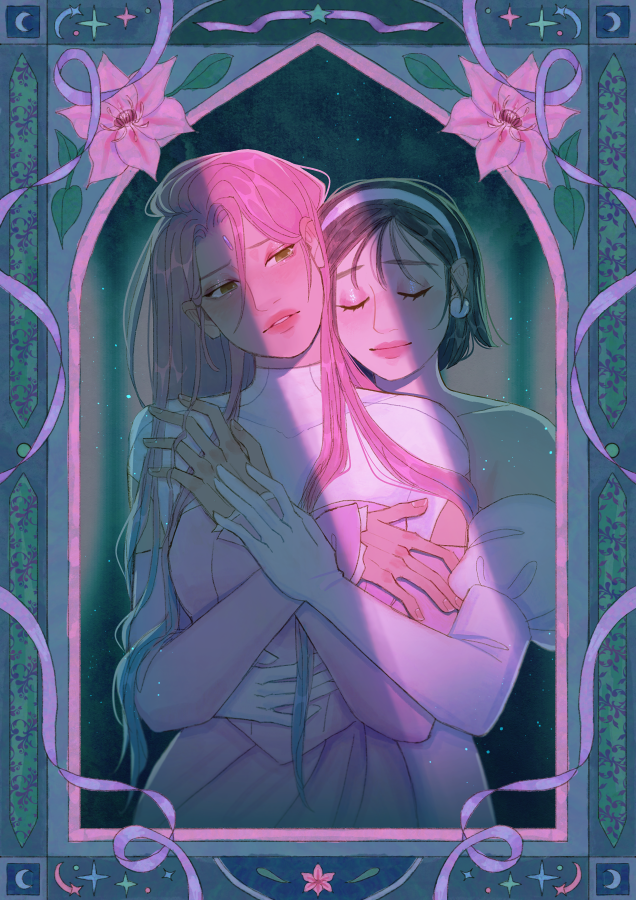 2girls, alien_stage, black_hair, bob_cut, clematis_(flower), closed_eyes, commentary, dress