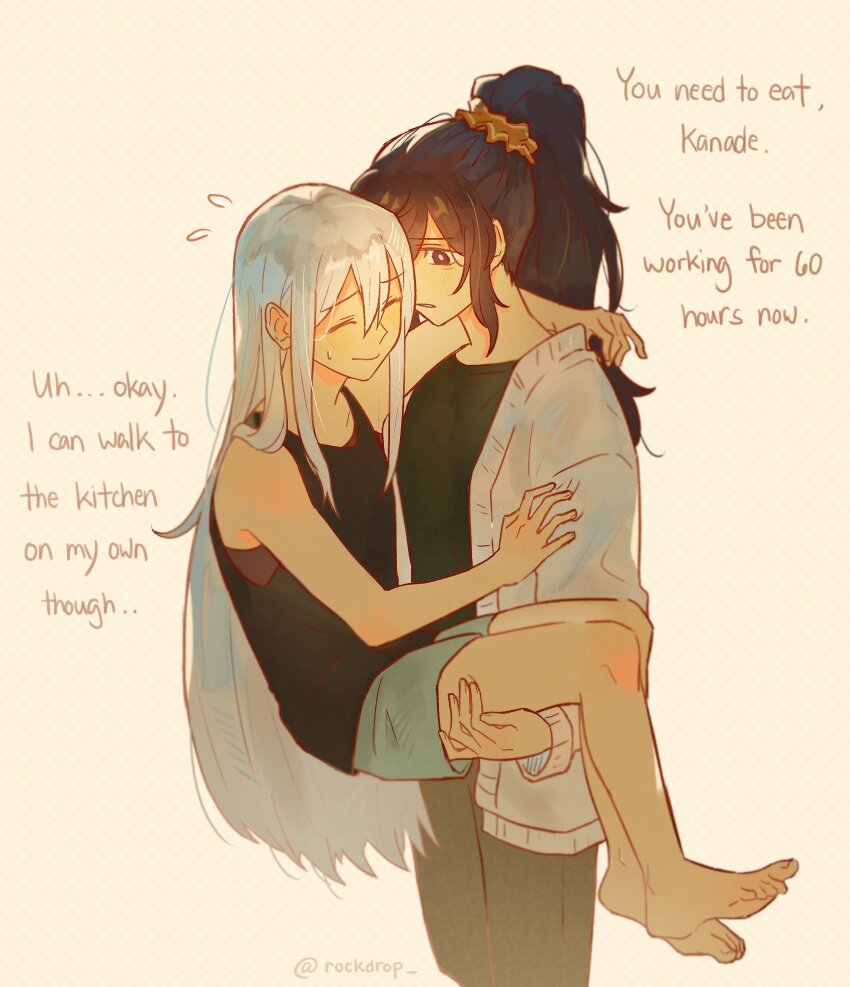 2girls, absurdres, asahina_mafuyu, barefoot, black_shirt, black_tank_top, blue_shorts, cardigan