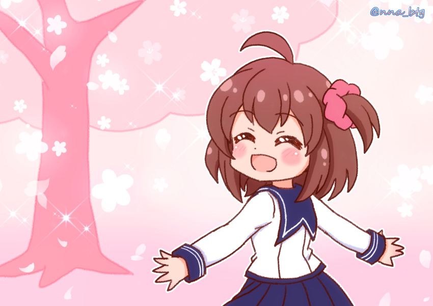 1girl, ahoge, battle_girl_high_school, blue_sailor_collar, blue_sky, blush, brown_hair, commentary_request, facing_viewer, hair_ornament, hair_scrunchie, highres, hoshitsuki_miki, long_sleeves, looking_back, nna_btg, one_side_up, open_mouth, pink_background, pleated_skirt, sailor_collar, scrunchie, shirt, skirt, sky, sparkle, spring_(season), white_shirt