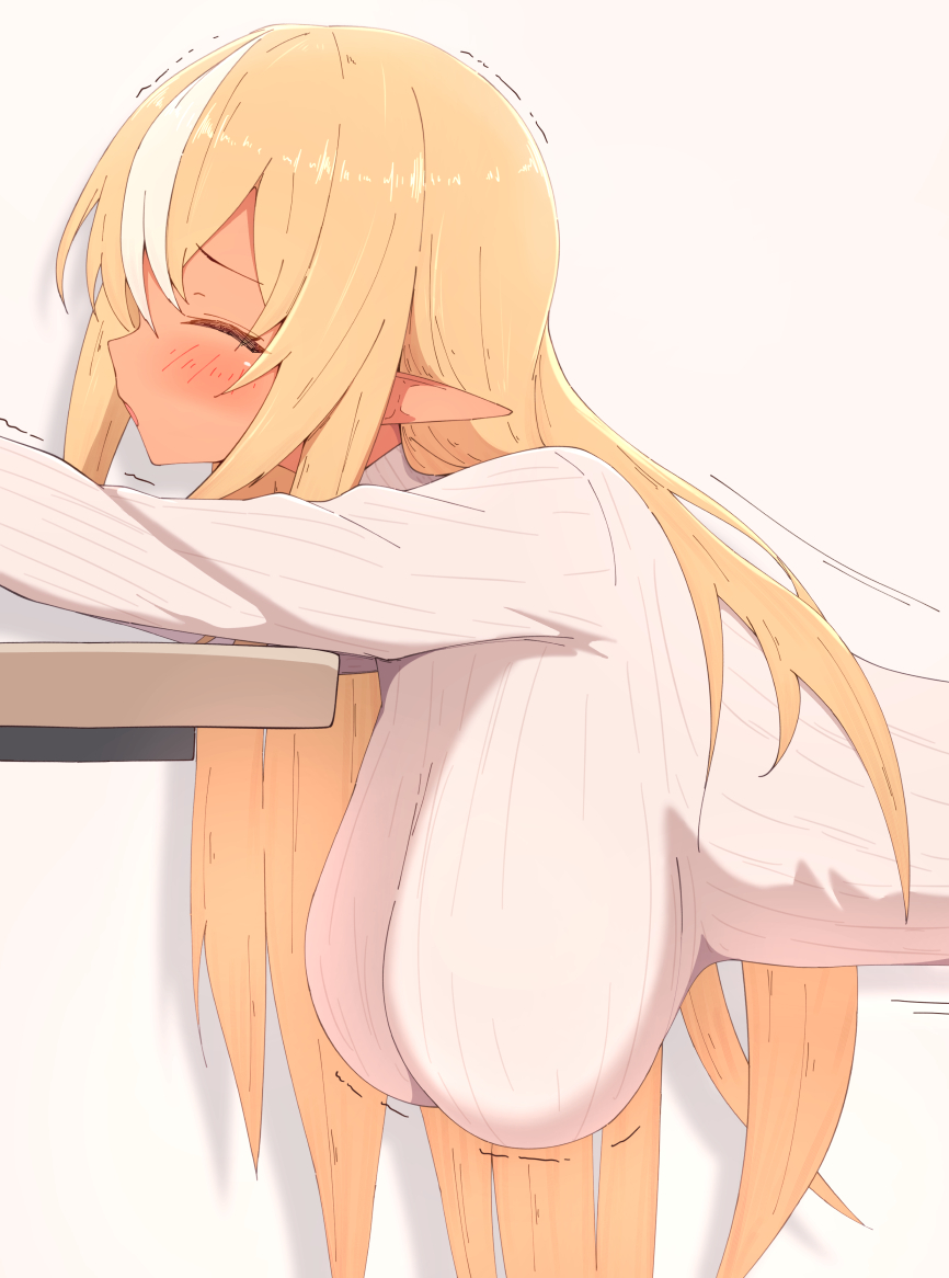 1girl, blonde_hair, blush, breasts, closed_eyes, dark-skinned_female, dark_skin, elf