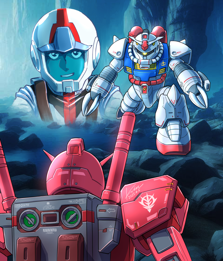 absurdres, amuro_ray, claws, glowing, glowing_eye, gundam, gundam_gihren_no_yabou, helmet, highres, kobakin, looking_at_viewer, mecha, mecha_pilot_suit, military, military_uniform, mobile_suit, mobile_suit_gundam, normal_suit_(gundam), one-eyed, robot, rx-78-2_gundam, rx-78-2_gundam_casval_custom, science_fiction, v-fin, weapon, z'gok, zeon