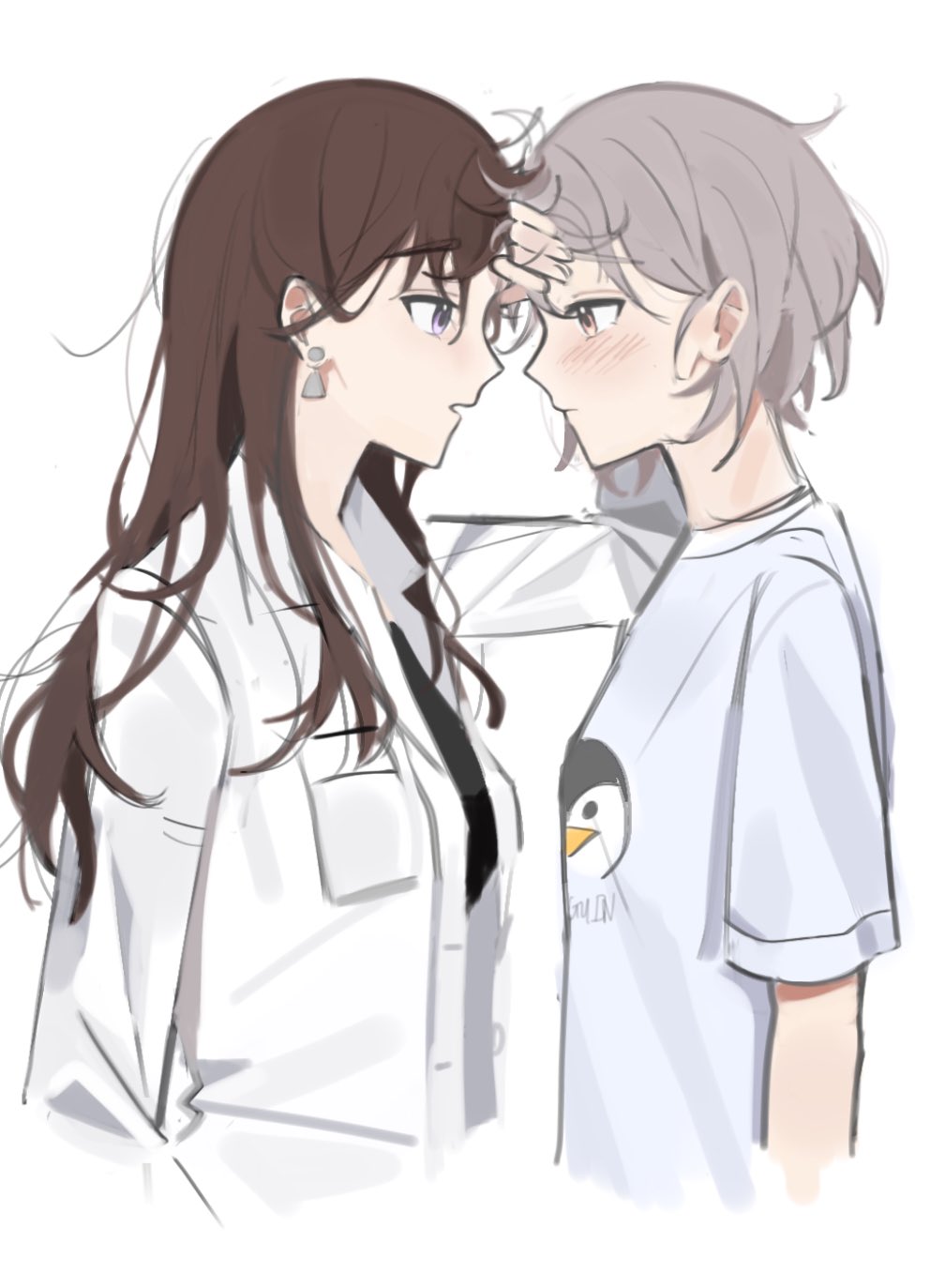 2girls, bang_dream!, bang_dream!_it's_mygo!!!!!, black_shirt, blush, brown_hair, closed_mouth, commentary