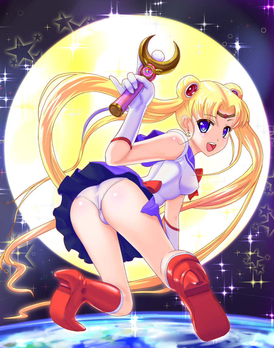 1girl, ass, bishoujo_senshi_sailor_moon, blonde_hair, blue_eyes, blue_sailor_collar, blue_skirt, boots