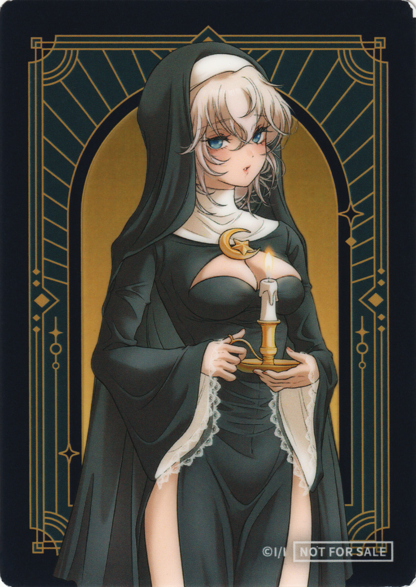 1girl, absurdres, asahina_yuni, black_dress, black_hair, blue_eyes, breasts, candle, card_(medium), cleavage, cleavage_cutout, clothing_cutout, dress, hair_between_eyes, highres, holding, holding_candle, iwami_kiyoko, kyou_wa_kanojo_ga_inai_kara, long_sleeves, looking_at_viewer, non-web_source, nun, official_art, open_mouth, scan, self-scan, solo, white_hair, wide_sleeves