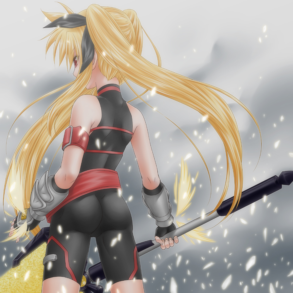 1girl, arm_strap, armor, ass, bardiche_(nanoha), bardiche_(zanber_form)_(nanoha), bare_shoulders, belt