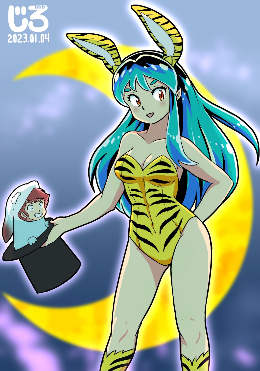 1boy, 1girl, ^_^, animal_ears, animal_hood, animal_print, artist_logo, black_hat