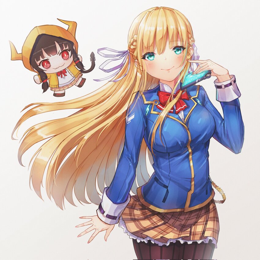 1girl, asakura_karen_(heaven_burns_red), black_pantyhose, blonde_hair, blue_jacket, bow, braid, breasts