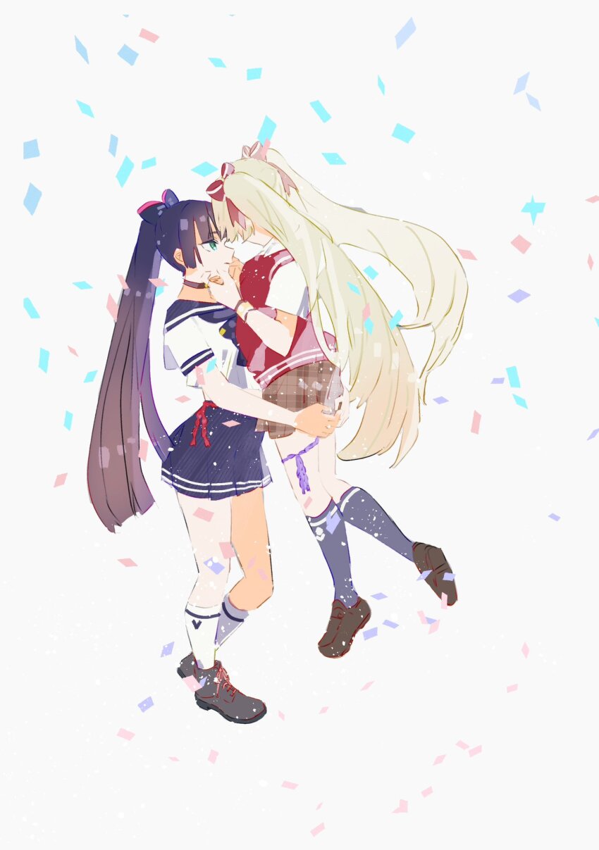 2girls, black_hair, black_sailor_collar, blunt_bangs, bow, face-to-face, green_eyes, hair_bow