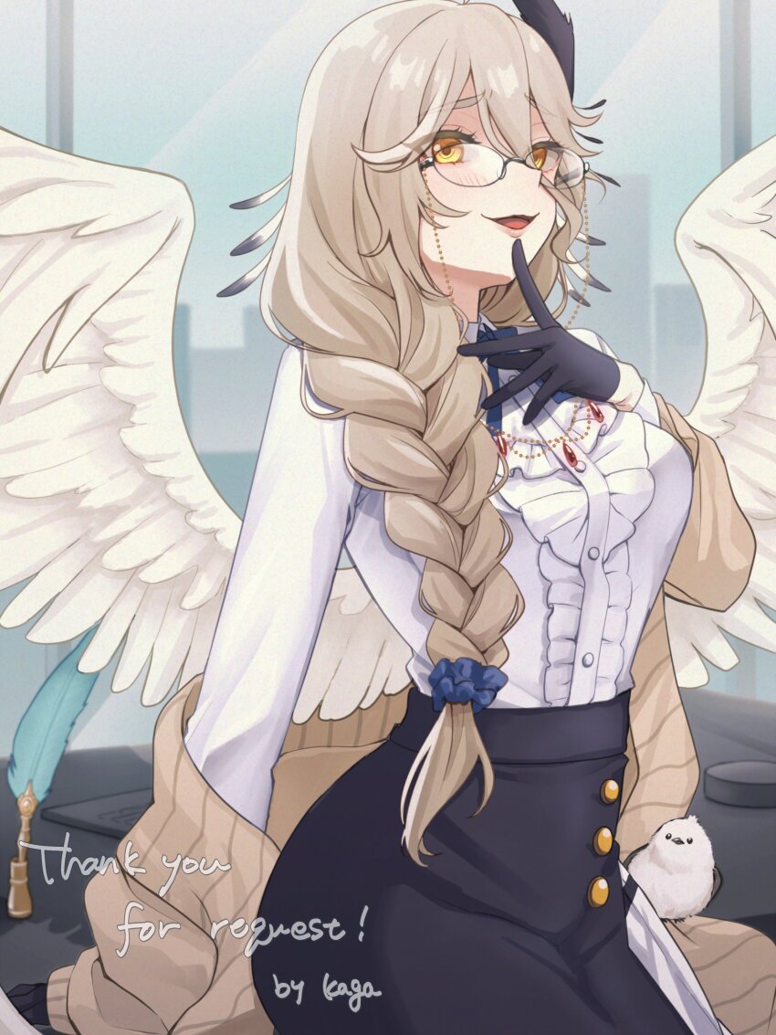 1girl, absurdres, bird, bird_girl, black_gloves, black_skirt, blue_scrunchie, blush