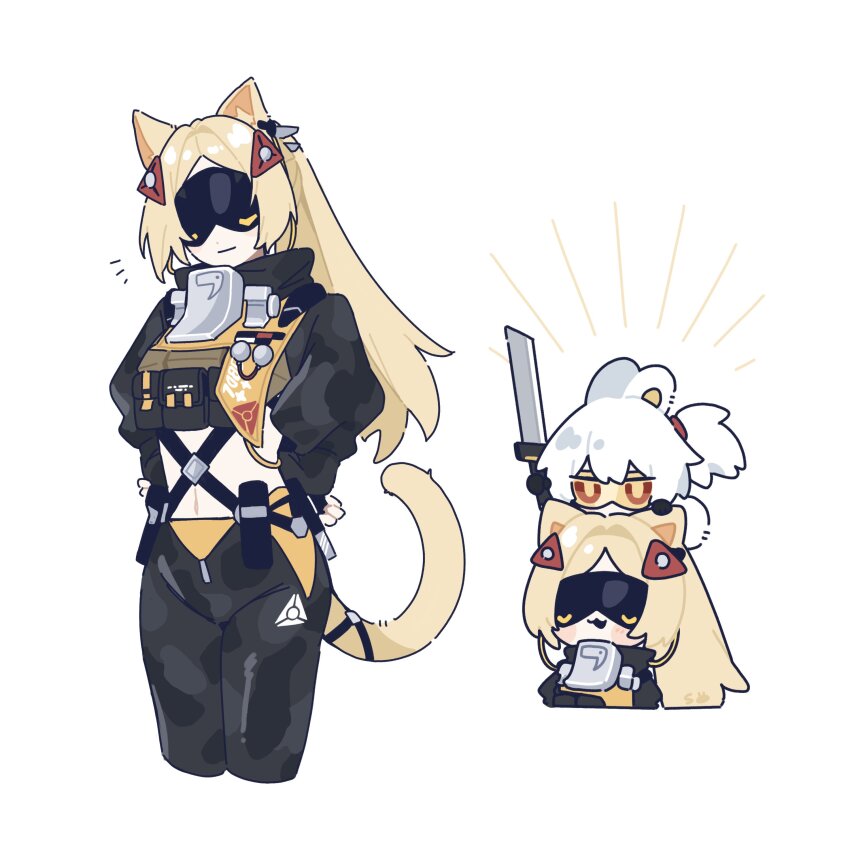 2girls, absurdres, animal_ears, black_gloves, blindfold, blindfold_mask, blonde_hair, cat_ears, cat_tail, chibi, closed_mouth, fingerless_gloves, gloves, goggles, hair_between_eyes, highres, holding, holding_sword, holding_weapon, long_hair, mask, multiple_girls, multiple_views, parted_bangs, ponytail, saden_meow, simple_background, smile, soldier_11_(zenless_zone_zero), standing, sword, tail, trigger_(zenless_zone_zero), weapon, white_background, white_hair, zenless_zone_zero