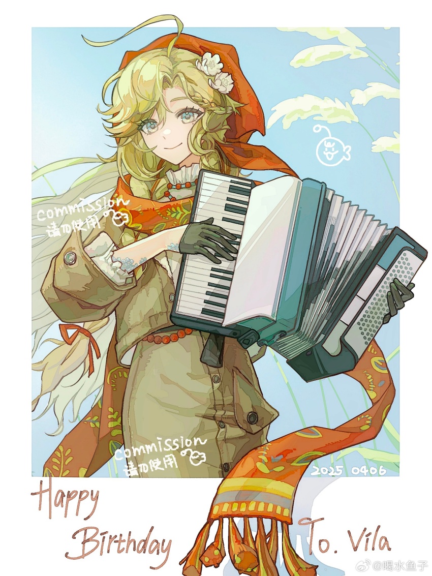 1girl, accordion, ahoge, aqua_eyes, black_gloves, blonde_hair, blue_sky, border, brown_jacket, brown_skirt, button_up_skirt, character_name, commission, cowboy_shot, dated, flower, gloves, gyhhh, hair_flower, hair_ornament, happy_birthday, headscarf, highres, holding, holding_instrument, instrument, jacket, long_hair, mole, mole_under_eye, outside_border, red_headscarf, red_scarf, reeds, reverse:1999, scales, scarf, shirt, skirt, sky, smile, solo, vila_(reverse:1999), watermark, weibo_watermark, white_border, white_flower, white_shirt