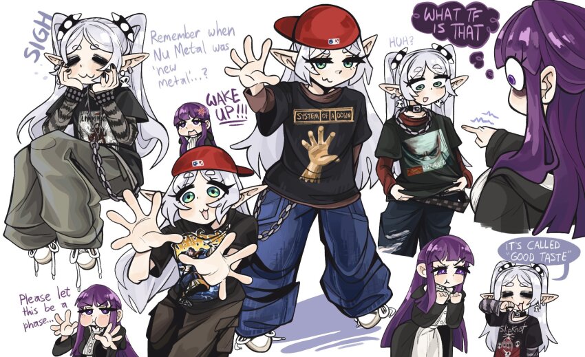 2girls, :3, alternate_costume, backwards_hat, black_shirt, blue_pants, chain, chain_necklace