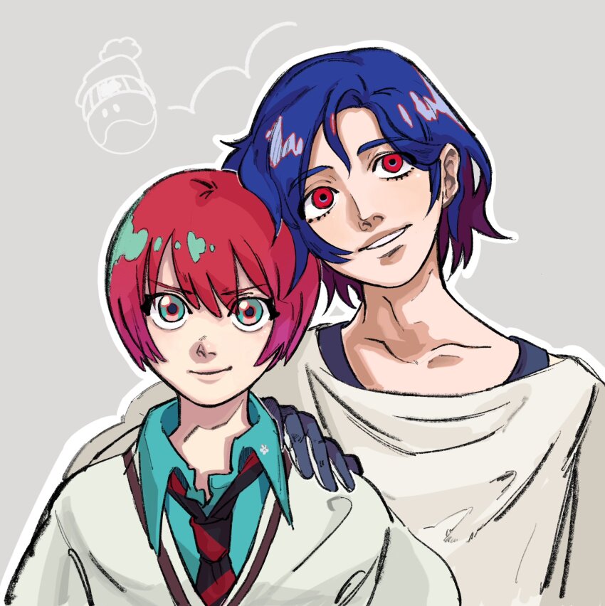 1boy, 1girl, amate_yuzuriha, aqua_eyes, blue_hair, collared_shirt, colored_inner_hair, gloves