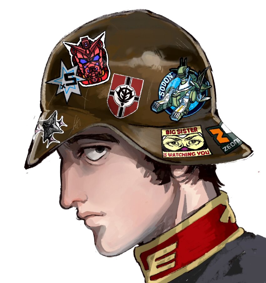 1984_(novel), 1boy, black_eyes, black_hair, commentary_request, gundam, gundam_gquuuuuux, hamadajjrw