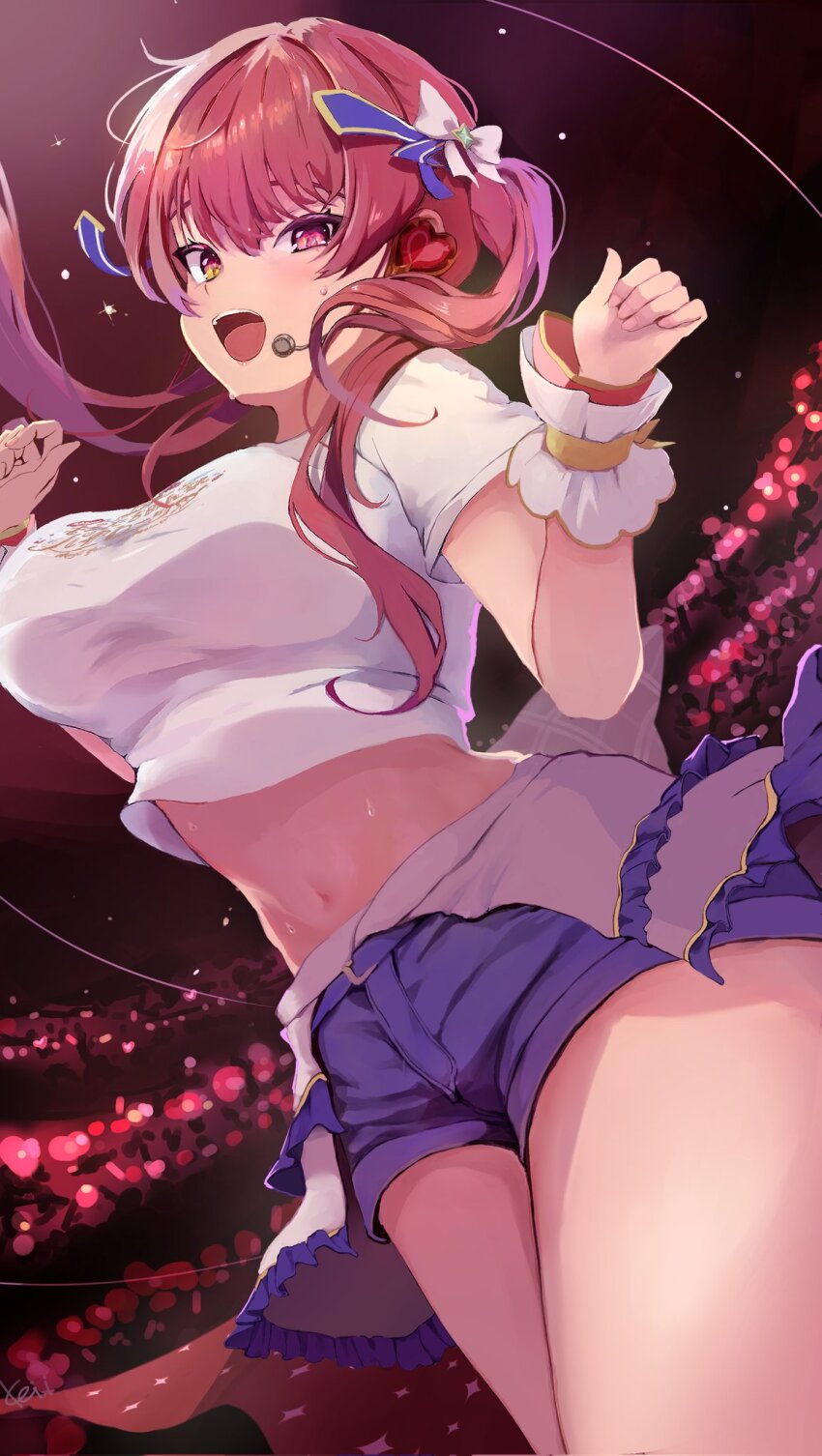 1girl, blue_shorts, breasts, commentary, cowboy_shot, cropped_shirt, denim, denim_shorts