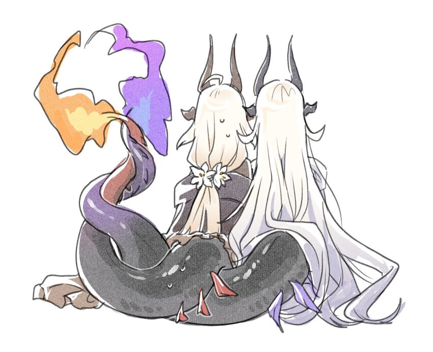 2girls, ahoge, arknights, blonde_hair, dragon_girl, dragon_horns, fire, flame-tipped_tail