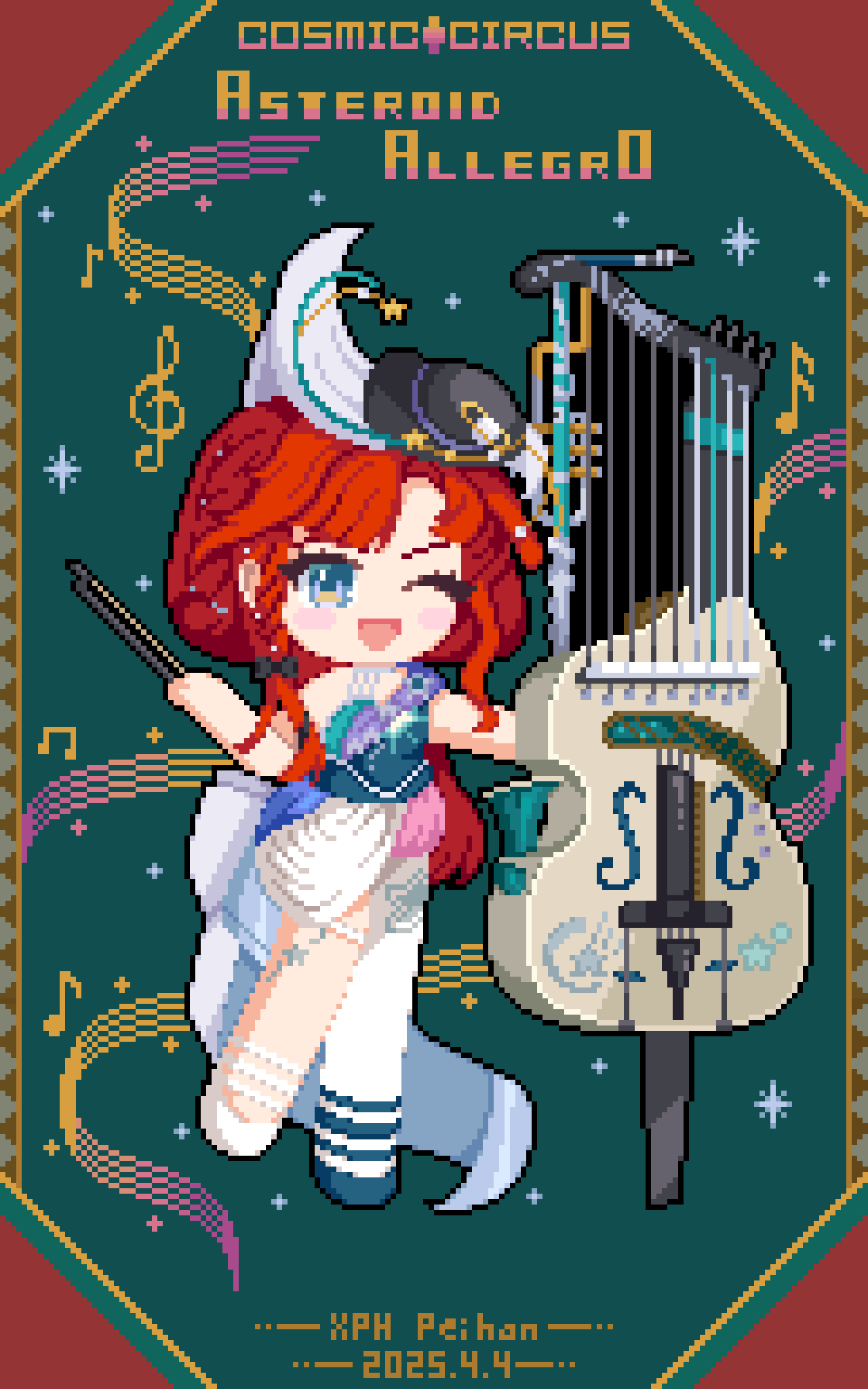 1girl, ;d, artist_name, asymmetrical_footwear, barcarola_(asteroid_allegro)_(reverse:1999), barcarola_(reverse:1999), beamed_eighth_notes, black_hat