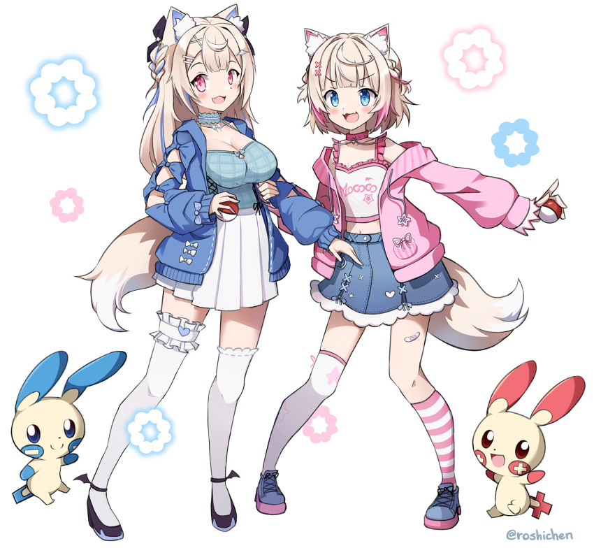 2girls, animal_ear_fluff, animal_ears, asymmetrical_legwear, blonde_hair, blue_eyes, blue_hair, blue_jacket