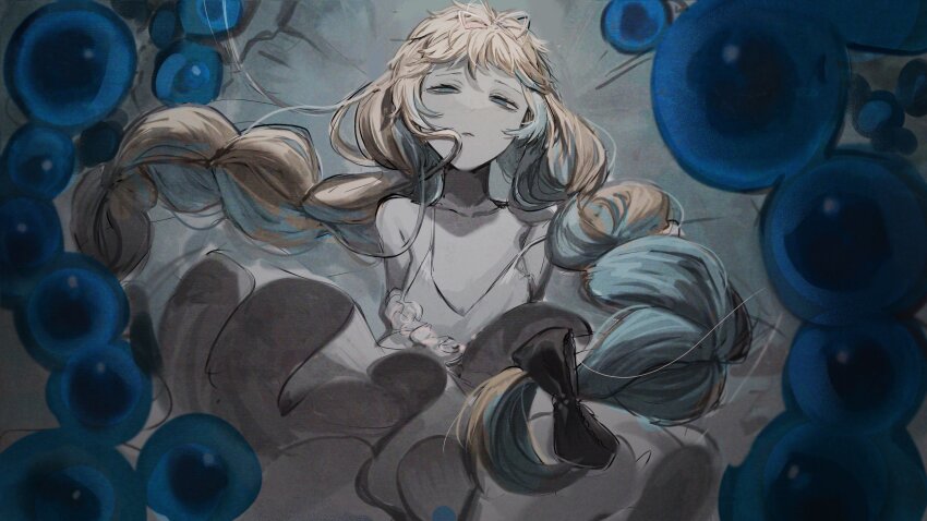 1girl, absurdres, blonde_hair, blue_eyes, blue_hair, braid, dokuzu_(vocaloid), dress