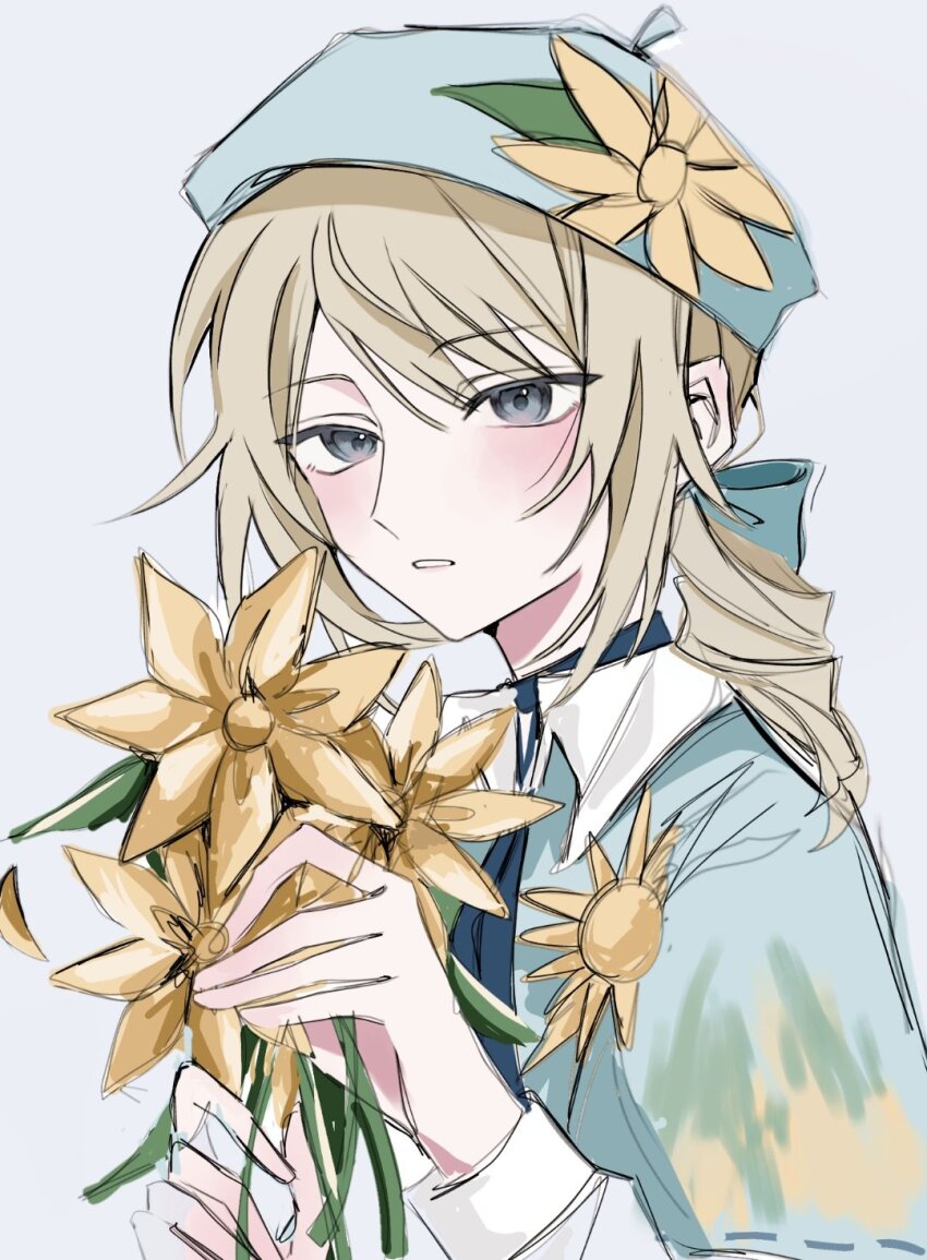 1boy, androgynous, beret, blonde_hair, blue_eyes, capelet, collared_shirt, edgar_valden, edgar_valden_(clovis), flower, gf71cp7487cbaty, grey_eyes, hat, highres, holding, identity_v, necktie, ponytail, shirt, single_drill, trap, yellow_flower