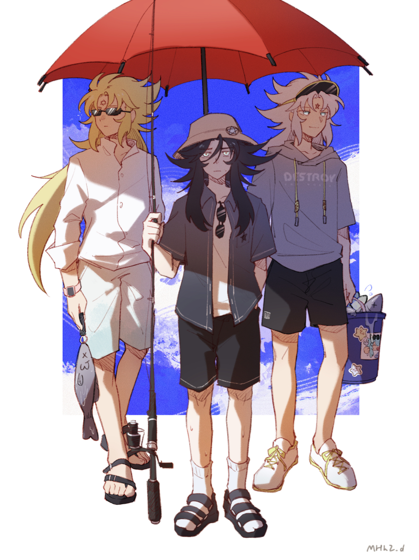3boys, absurdres, alternate_costume, animal, beachwear, black_hair, black_shirt, black_shorts