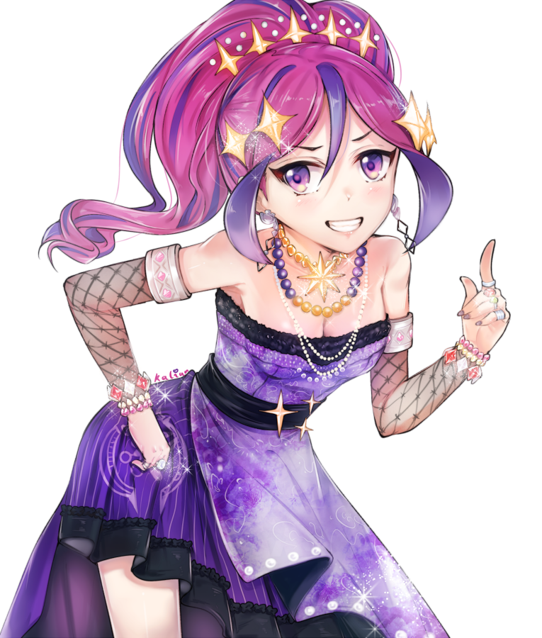 1girl, artist_name, bare_shoulders, blush, breasts, cleavage, collarbone, dress