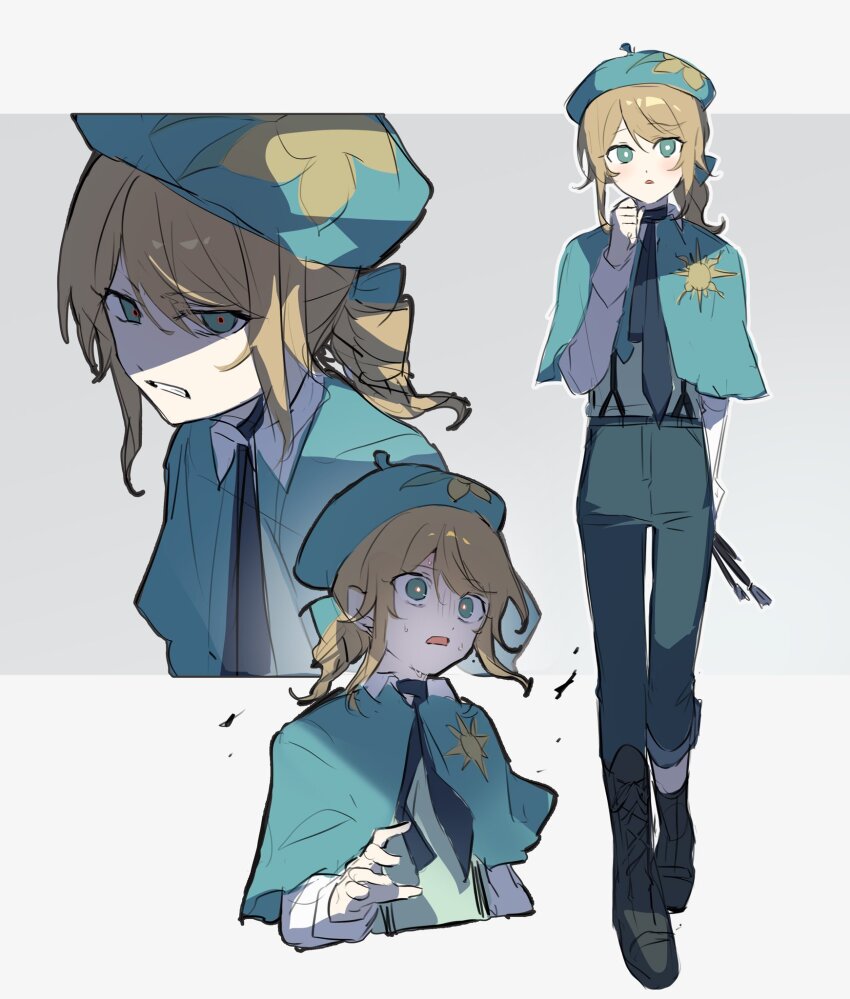 1boy, androgynous, beret, blonde_hair, capelet, edgar_valden, edgar_valden_(clovis), full_body